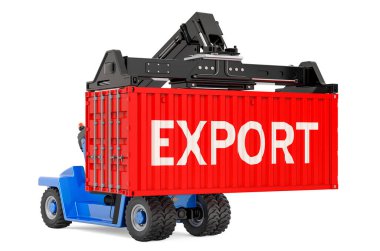 Konteynır nakliyesi konsepti. Erişim istifleyicisi olan kargo konteynırı, beyaz arkaplanda 3 boyutlu görüntüleme  