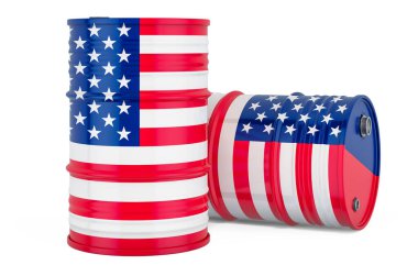 Birleşik Devletler bayraklı petrol varili. Petrol üretim ve ticaret konsepti, beyaz arka planda 3 boyutlu görüntüleme  
