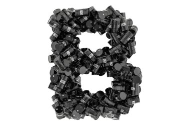 Siyah yağ varillerinden B harfi, beyaz arkaplanda 3 boyutlu görüntüleme