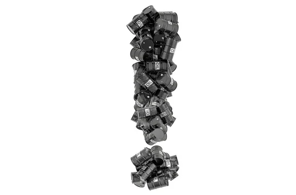 ブラックオイルバレルからの感嘆符 白い背景に隔離された3Dレンダリング — ストック写真