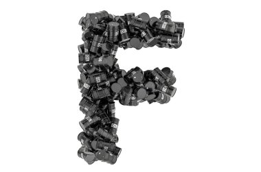 Siyah yağ varillerinden F harfi, beyaz arkaplanda 3 boyutlu görüntüleme