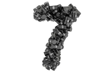 Siyah yağ varillerinden 7 numara, beyaz arka planda 3 boyutlu görüntüleme.