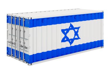 İsrail bayrağı taşıyan kargo konteynırı, beyaz arkaplanda 3 boyutlu görüntüleme  