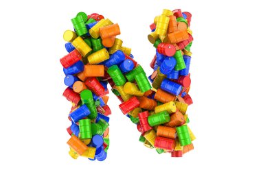 Renkli çelik varillerden N harfi, beyaz arkaplanda 3 boyutlu görüntüleme