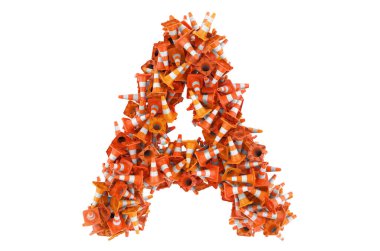 Trafik konilerinden A harfi, beyaz arkaplanda 3 boyutlu görüntüleme