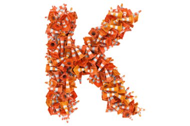 Trafik konilerinden K harfi, beyaz arkaplanda 3 boyutlu görüntüleme