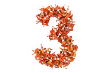 Trafik konilerinden 3 numara, beyaz arkaplanda 3 boyutlu görüntüleme