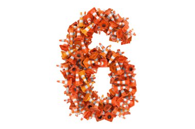 Trafik konilerinden 6 numara, beyaz arkaplanda 3 boyutlu görüntüleme