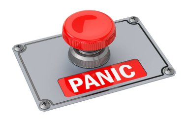 Panik kırmızı düğme, beyaz arkaplanda 3 boyutlu görüntüleme