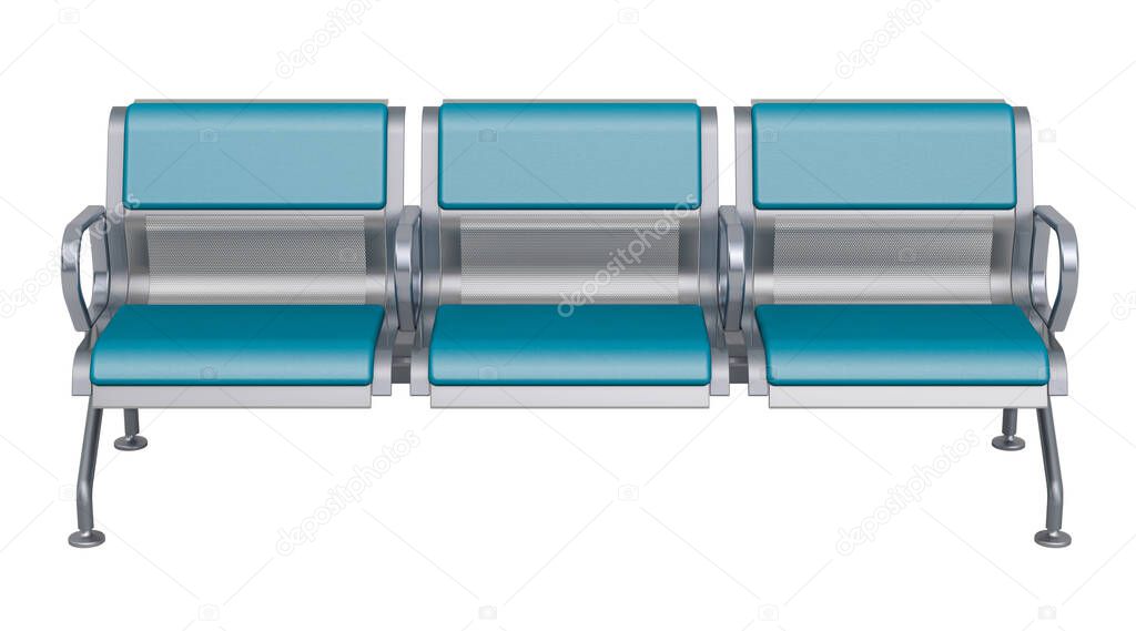 Bench or chairs for waiting room, 3 places with padded cushion upholstered in blue faux leather, front view. 3D rendering isolated on white background