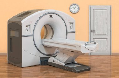 Positron Emission Tomography, PET scanner in room. 3D rendering clipart