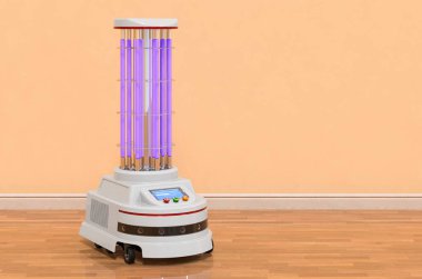 Duvarın yanındaki odada UV-Dezenfekte Robotu, 3 boyutlu görüntüleme