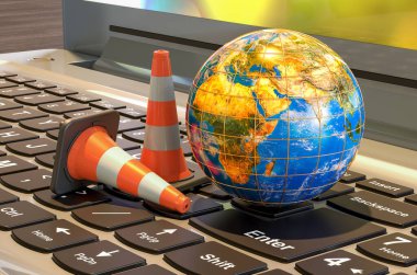 Dünya Küresi, dizüstü bilgisayarının klavyesinde trafik konileri olan, 3D görüntüleme