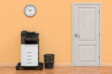 Ofis çoklu işlevli yazıcı MFP duvarın yanındaki odada plastik çöp kutusu var. 3B görüntüleme