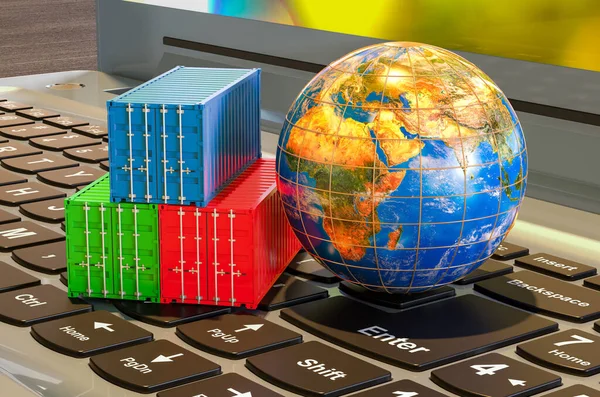 Global Shipping Concept Cargo Containers Keyboard Laptop Rendering — Stock Photo, Image