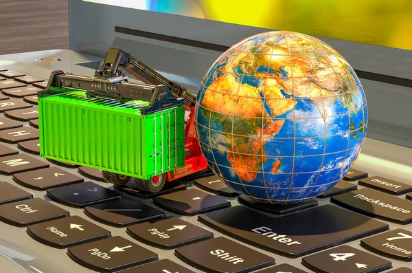 Begreppet Internationell Godstransport Earth Globe Och Staplare Med Last Behållare — Stockfoto