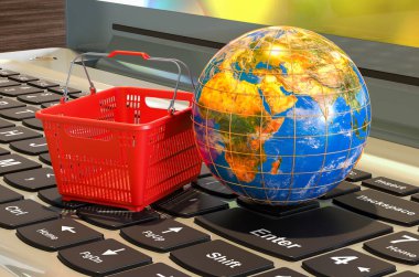 Global Online alışveriş konsepti, alışveriş sepetli dizüstü bilgisayar klavyesi. 3B görüntüleme