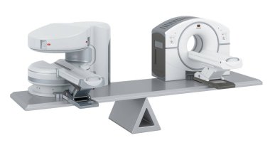 MRI makinesine karşı kapalı MRI tipi, denge konsepti. Beyaz arkaplanda 3B görüntüleme izole edildi
