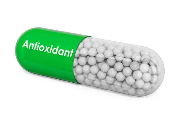 Antioxidant Drug Kapsel Med Antioxidant Rendering Isolerad Vit Bakgrund — Stockfoto