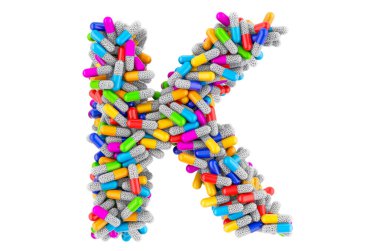 Renkli kapsüllerden K harfi. Beyaz arkaplanda 3B görüntüleme izole edildi  