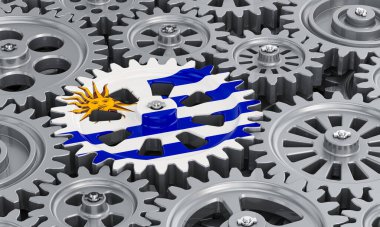 Şanzımanda Uruguay bayrağı, iş endüstrisi konsepti. 3B görüntüleme
