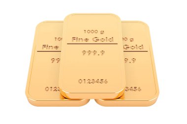 Altın külçeler, beyaz arkaplanda 3 boyutlu görüntüleme