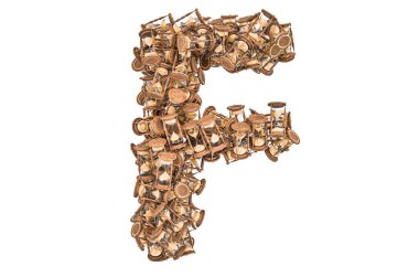 Kum saatinden F harfi, beyaz arkaplanda 3 boyutlu görüntüleme