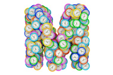 Renkli duvar saatlerinden M harfi, beyaz arkaplanda 3 boyutlu görüntüleme