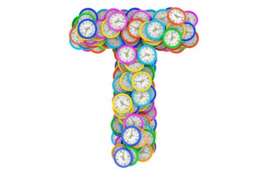 Renkli duvar saatlerinden T harfi, beyaz arkaplanda 3 boyutlu görüntüleme