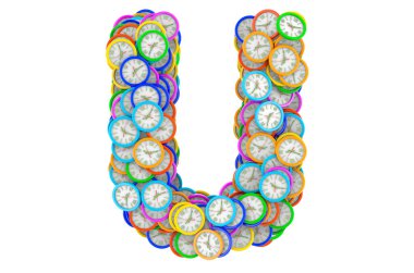 Renkli duvar saatlerinden U harfi, beyaz arkaplanda 3 boyutlu görüntüleme