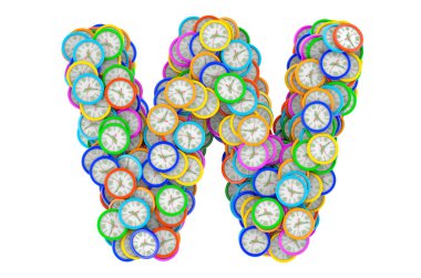 Renkli duvar saatlerinden W harfi, beyaz arkaplanda 3 boyutlu görüntüleme