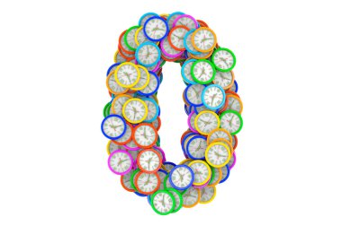 Renkli duvar saatlerinden 0 numara, beyaz arkaplanda 3 boyutlu görüntüleme