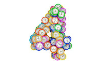 Renkli duvar saatlerinden 4 numara, beyaz arkaplanda 3 boyutlu görüntüleme