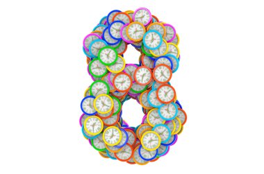 Renkli duvar saatlerinden 8 numara, beyaz arkaplanda 3 boyutlu görüntüleme