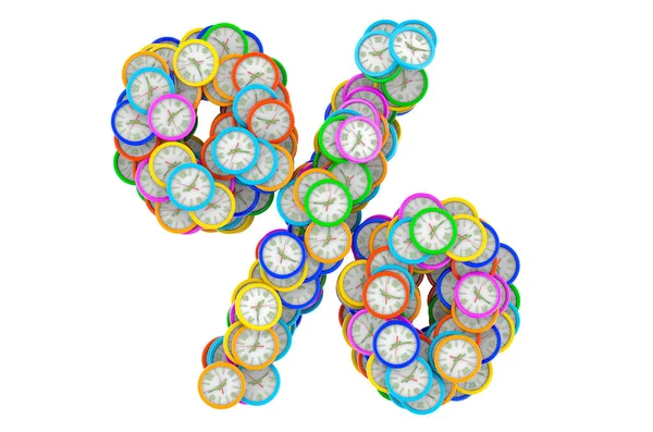 Renkli duvar saatlerinden yüzde sembolü, beyaz arkaplanda 3 boyutlu görüntüleme