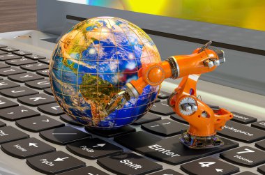 Laptopun klavyesinde robotik kolu olan Dünya Küresi. 3B görüntüleme