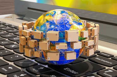 Laptopun klavyesinde paketler olan Dünya Küresi. Küresel sevkiyat ve dağıtım konsepti, 3D yorumlama