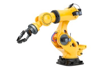 Mekanik kol, robotik. Beyaz arkaplanda 3B görüntüleme izole edildi