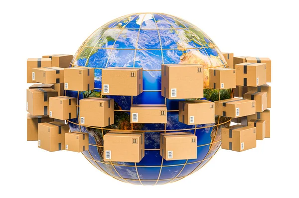 Küresel sevkiyat ve teslimat konsepti, Dünya Küresi 'nin olduğu paketler. Beyaz arkaplanda 3B görüntüleme izole edildi