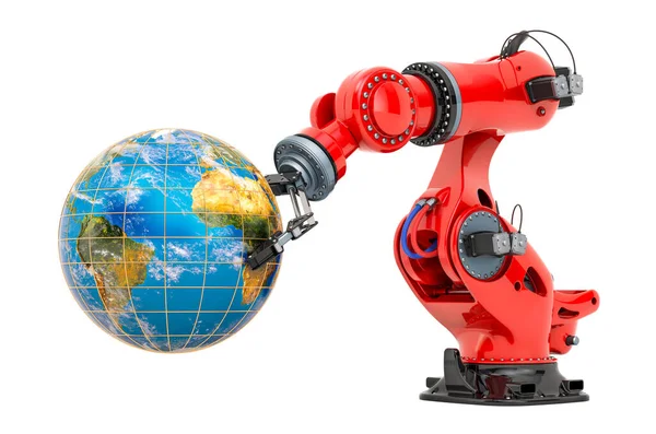 Roboterarm Hält Erdkugel Globales Technologiekonzept Darstellung Isoliert Auf Weißem Hintergrund — Stockfoto
