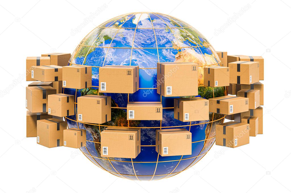 Global shipping and delivery concept, parcels with Earth Globe around. 3D rendering isolated on white background