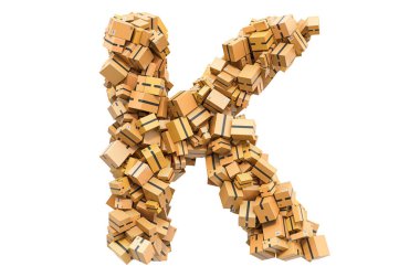 Karton kutulardan gelen K harfi. Beyaz arkaplanda 3B görüntüleme izole edildi