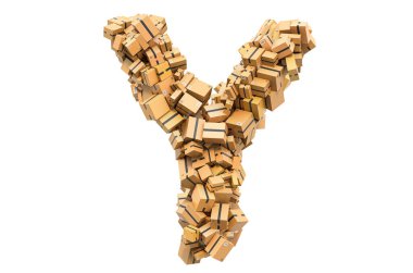 Karton kutulardan gelen Y harfi. Beyaz arkaplanda 3B görüntüleme izole edildi