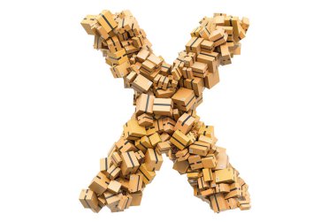 Mukavva kutulardan X harfi. Beyaz arkaplanda 3B görüntüleme izole edildi