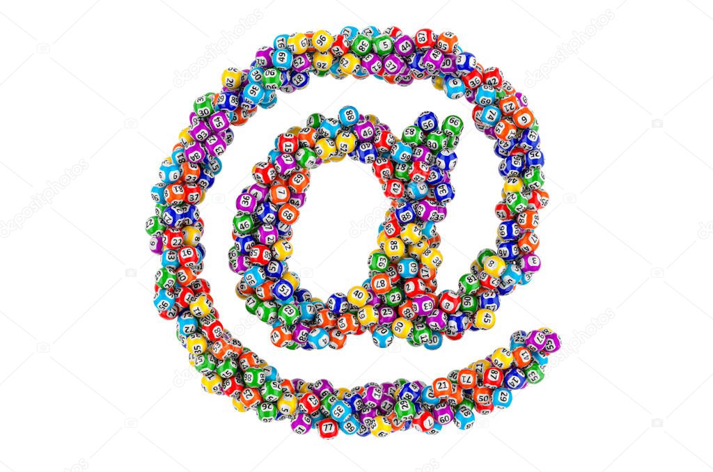 E-mail, at sign from colored lottery balls. 3D rendering isolated on white background