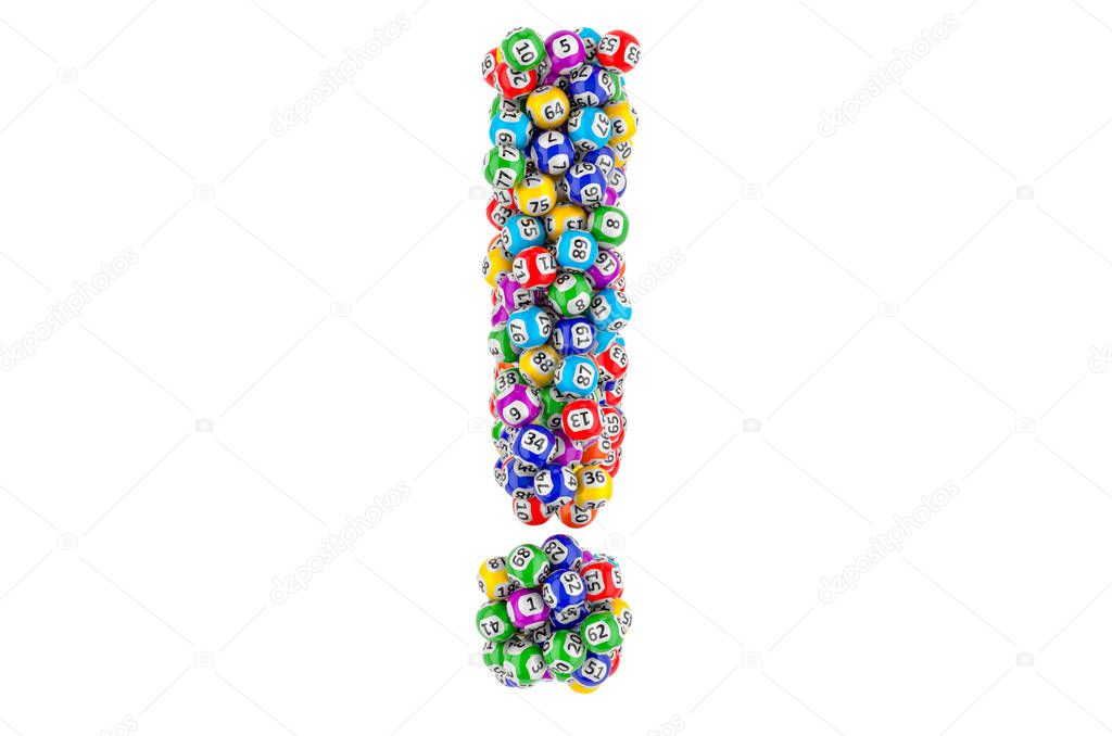 Exclamation point from colored lottery balls. 3D rendering isolated on white background