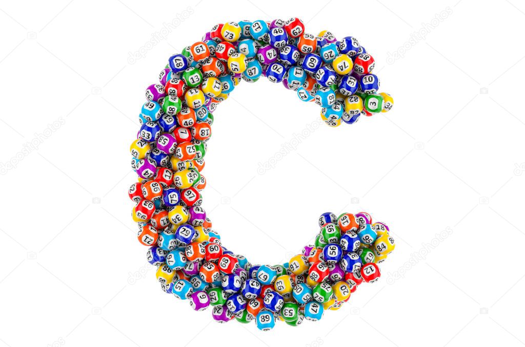 Letter C, from lottery balls. 3D rendering isolated on white background