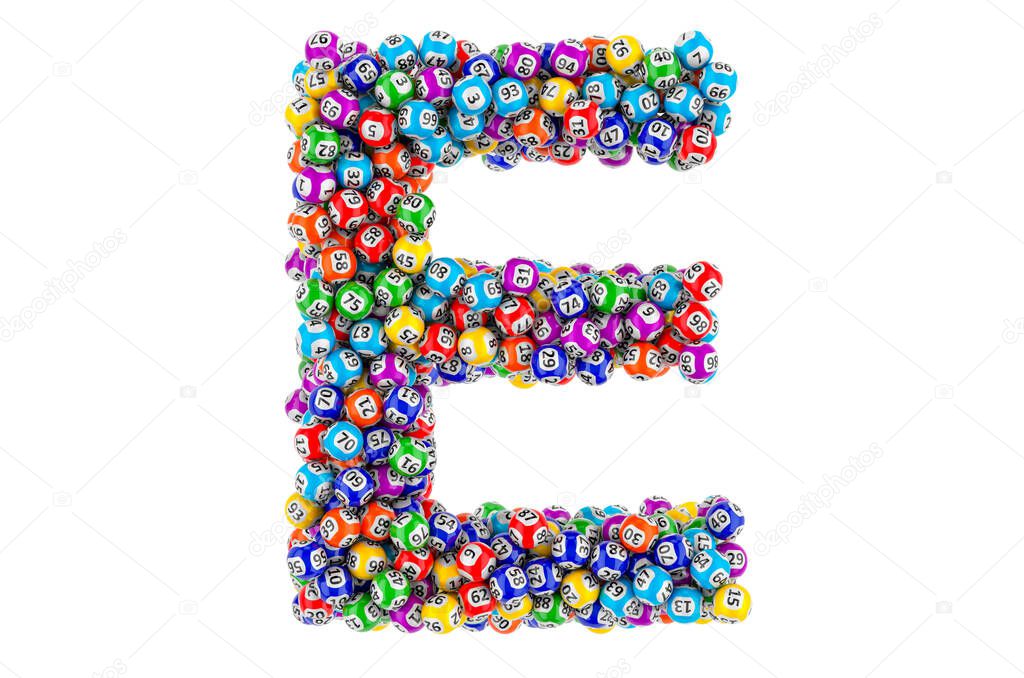 Letter E, from lottery balls. 3D rendering isolated on white background