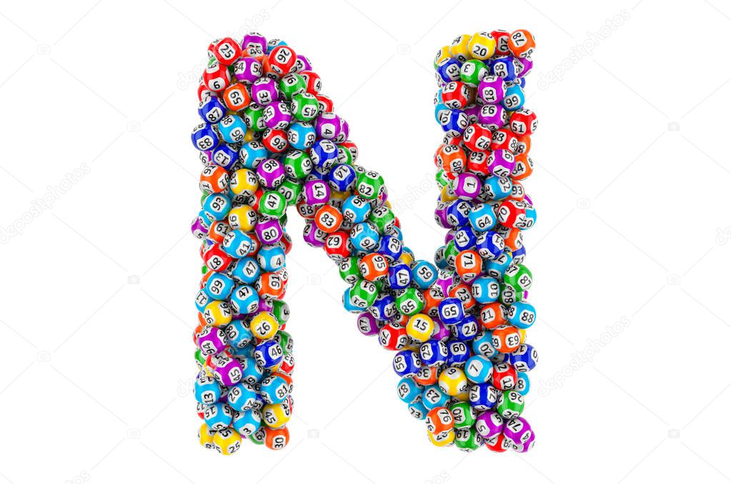 Letter N, from lottery balls. 3D rendering isolated on white background