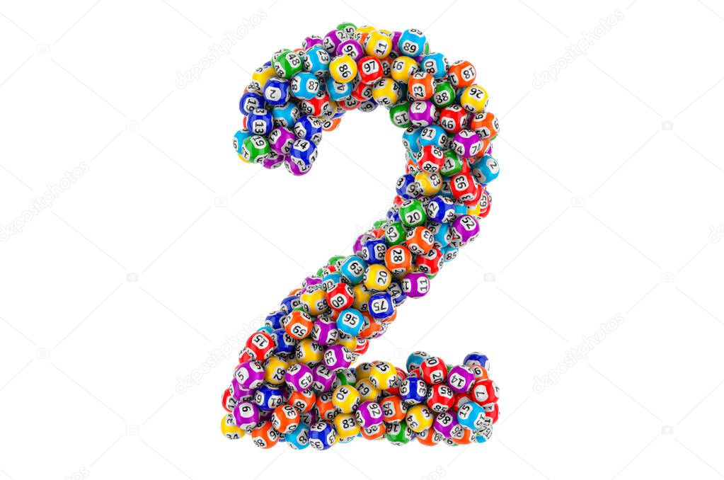 Number 2, from colored lottery balls, 3D rendering isolated on white background